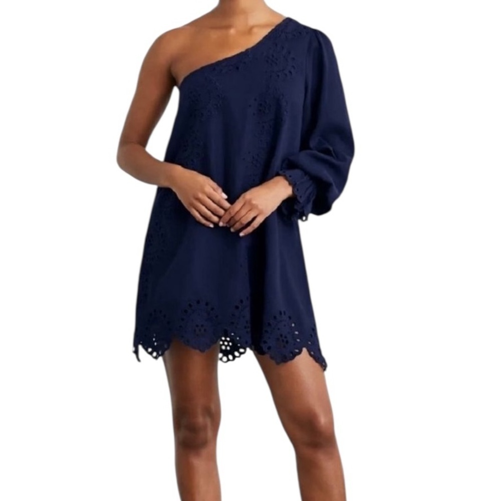 Hill House Milla Dress Navy Linen Cotton Blend One Shoulder Eyelet Mini NWT